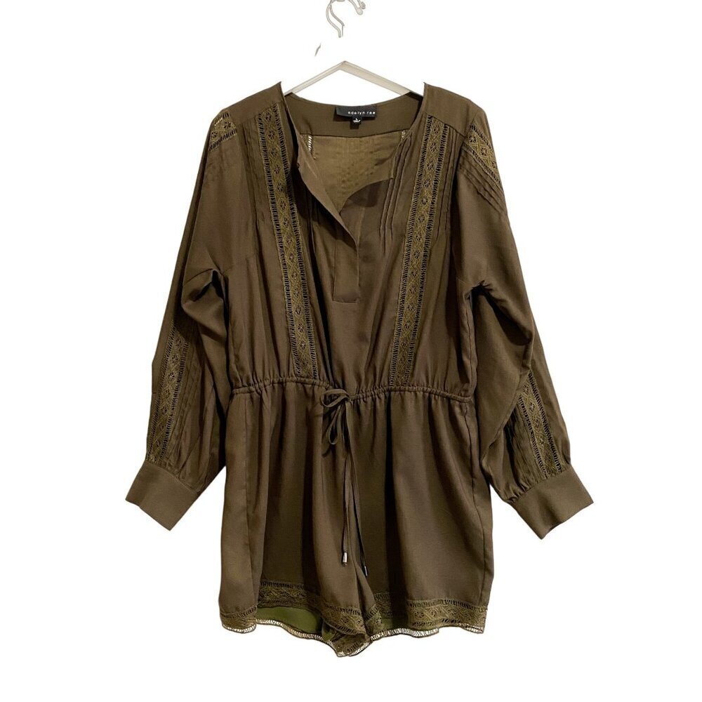 Adelyn Rae Khaki Brown Long Sleeve Rompers with Lace Trim, Size L